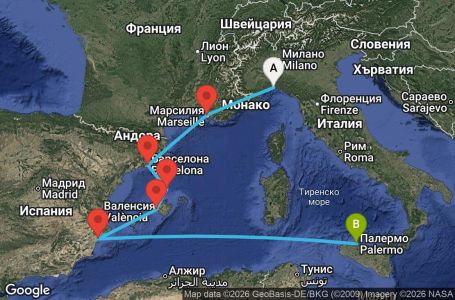 Маршрут на круиз 6 дни Италия, Франция, Испания