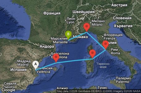 Маршрут на круиз 5 дни Испания, Италия, Франция
