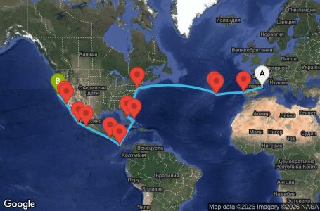 Маршрут на круиз 37 дни Испания, Португалия, САЩ, Бахамските острови, Коста Рика, Гватемала, Мексико