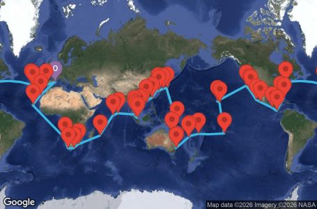 Маршрут на круиз 134 дни Испания, Португалия, САЩ, Бахамските острови, Коста Рика, Гватемала, Мексико, Френска Полинезия, Фиджи, Нова Каледония, Австралия, Папуа-Нова Гвинея, Япония, Южна Корея, Тайван, Хонконг, Виетнам, Тайланд, Сингапур, Малайзия, Шри Ланка, Малдивите, Мавриций, Южна Африка, Намибия, Кабо Верде