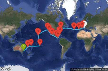 Маршрут на круиз 66 дни Италия, Франция, Испания, Португалия, САЩ, Бахамските острови, Коста Рика, Гватемала, Мексико, Френска Полинезия, Фиджи, Нова Каледония, Австралия