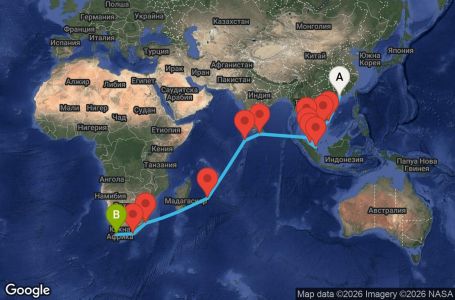 Маршрут на круиз 29 дни Хонконг, Виетнам, Тайланд, Сингапур, Малайзия, Шри Ланка, Малдивите, Мавриций, Южна Африка