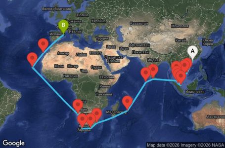 Маршрут на круиз 46 дни Хонконг, Виетнам, Тайланд, Сингапур, Малайзия, Шри Ланка, Малдивите, Мавриций, Южна Африка, Намибия, Кабо Верде, Испания