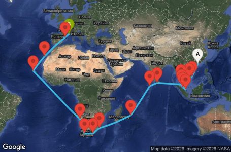 Маршрут на круиз 47 дни Хонконг, Виетнам, Тайланд, Сингапур, Малайзия, Шри Ланка, Малдивите, Мавриций, Южна Африка, Намибия, Кабо Верде, Испания, Франция