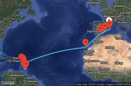 Маршрут на круиз 22 дни Испания, Антигуа и Барбуда, Сейнт Винсент и Гренадини, Барбадос, Мартиника, Гваделупа, Нидерландски Антили, Сейнт Китс и Невис, Доминика
