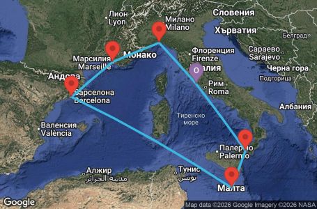 Маршрут на круиз 7 дни Италия, Малта, Испания, Франция