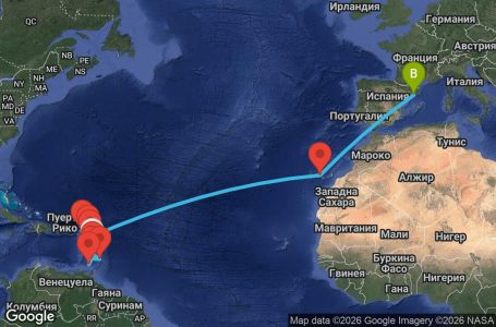 Маршрут на круиз 20 дни Мартиника, Гваделупа, Сейнт Лусия, Барбадос, Сейнт Винсент и Гренадини, Гренада, Нидерландски Антили, Антигуа и Барбуда, Испания