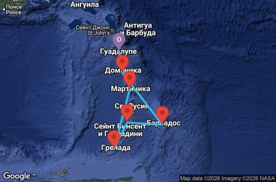 Маршрут на круиз 7 дни Гваделупа, Доминика, Барбадос, Сейнт Винсент и Гренадини, Гренада, Мартиника