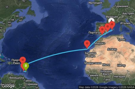 Маршрут на круиз 14 дни Испания, Антигуа и Барбуда, Сейнт Винсент и Гренадини, Барбадос
