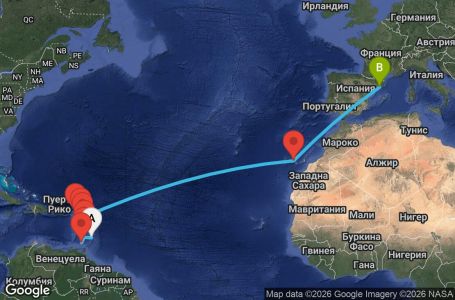 Маршрут на круиз 17 дни Барбадос, Сейнт Винсент и Гренадини, Гренада, Мартиника, Гваделупа, Нидерландски Антили, Антигуа и Барбуда, Испания