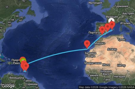 Маршрут на круиз 16 дни Испания, Антигуа и Барбуда, Сейнт Винсент и Гренадини, Барбадос, Мартиника, Гваделупа
