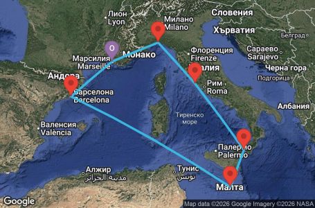 Маршрут на круиз 7 дни Франция, Италия, Малта, Испания