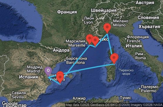 Маршрут на круиз 7 дни Испания, Балеарски острови, Франция, Италия