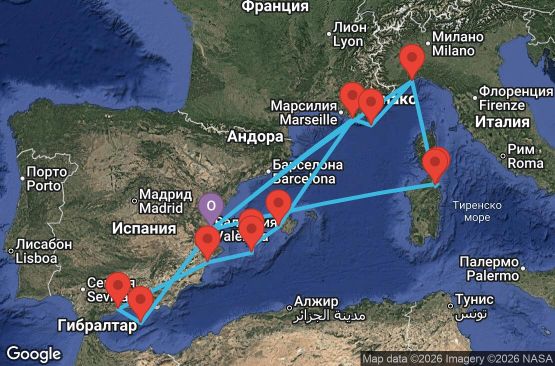 Маршрут на круиз 14 дни Испания, Франция, Италия, Балеарски острови