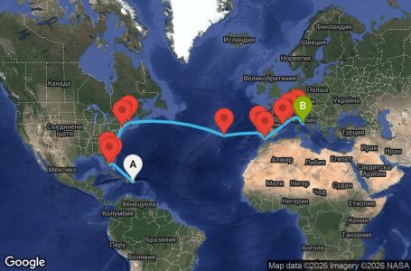 Маршрут на круиз 25 дни Доминиканска република, Бахамските острови, САЩ, Португалия, Испания, Франция, Италия