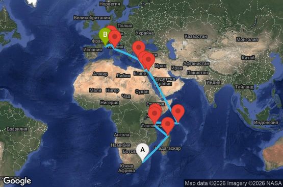 Маршрут на круиз 27 дни Южна Африка, Мадагаскар, Танзания, Кения, Сейшелски острови, Йордания, Египет, Гърция, Италия, Франция