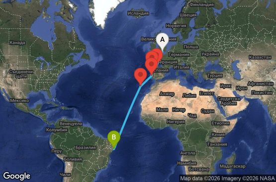 Маршрут на круиз 14 дни Великобритания, Испания, Португалия, Бразилия