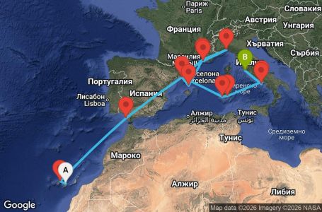 Маршрут на круиз Canary Islands, Morocco, Spain, France, Italy