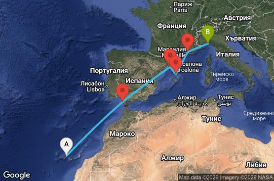 Маршрут на круиз Canary Islands, Morocco, Spain, France, Italy