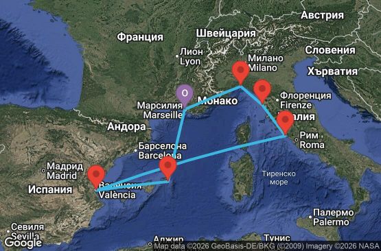 Маршрут на круиз 7 дни Франция, Италия, Испания