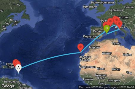 Маршрут на круиз 20 дни Мартиника, Гваделупа, Нидерландски Антили, Сейнт Китс и Невис, Антигуа и Барбуда, Испания, Франция, Италия