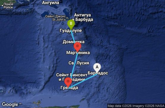 Маршрут на круиз 4 дни Барбадос, Гренада, Мартиника, Гваделупа