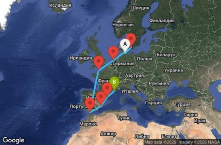 Маршрут на круиз 11 дни Германия, Дания, Нидерландия, Франция, Гибралтар, Испания