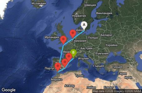 Маршрут на круиз 10 дни Дания, Нидерландия, Франция, Гибралтар, Испания