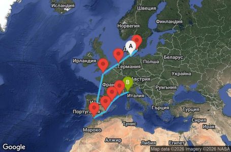 Маршрут на круиз 12 дни Германия, Дания, Нидерландия, Франция, Гибралтар, Испания, Италия