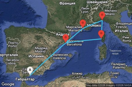 Маршрут на круиз 6 дни Испания, Франция, Италия