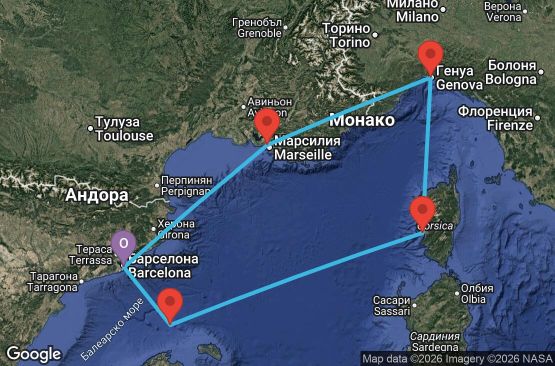 Маршрут на круиз 4 дни Испания, Франция, Италия