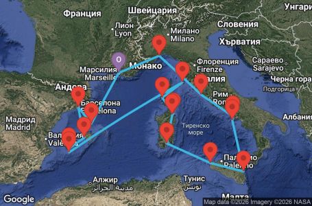 Маршрут на круиз 14 дни Франция, Италия, Испания