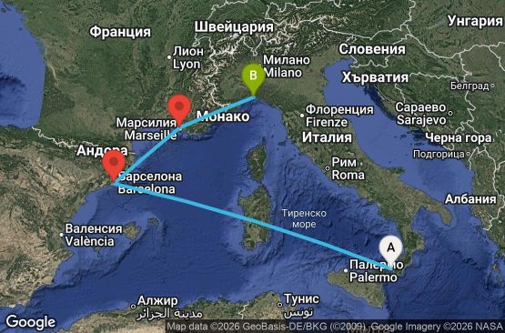 Маршрут на круиз 4 дни Италия, Испания, Франция