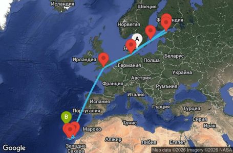 Маршрут на круиз 16 дни Дания, Швеция, Финландия, Естония, Германия, Великобритания, Испания, Португалия
