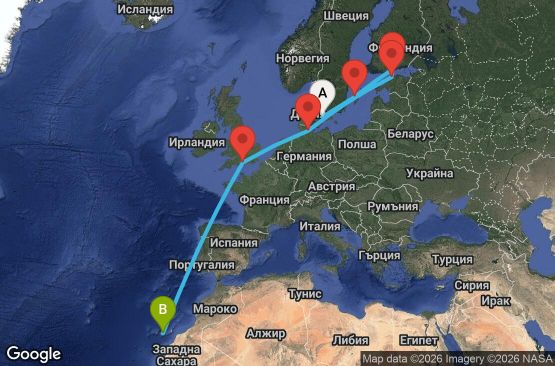Маршрут на круиз 13 дни Дания, Швеция, Финландия, Естония, Германия, Великобритания, Испания