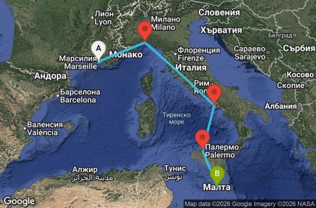 Маршрут на круиз 4 дни Франция, Италия, Малта