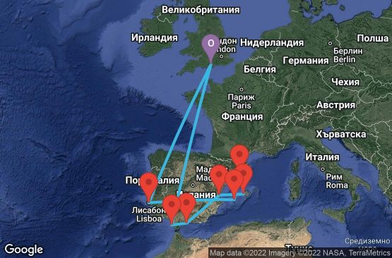 Маршрут на круиз 14 дни Великобритания, Испания, Португалия - 14M105