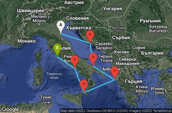 Маршрут на круиз 6 дни Италия, Хърватска, Гърция - 06M075