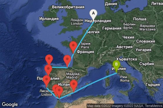Маршрут на круиз 12 дни Холандия, Франция, Испания, Португалия, Гибралтар, Италия - 12U308