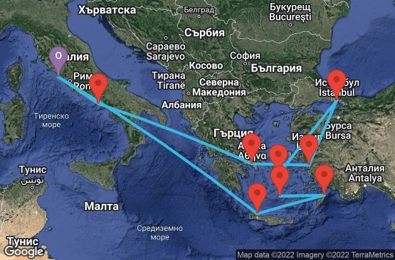 Маршрут на круиз 12 дни Италия, Гърция, Турция - 12M607