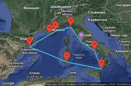 Маршрут на круиз 10 дни Италия, Франция, Испания - 10M284
