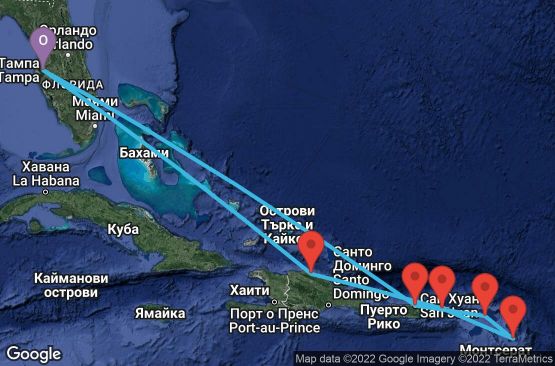 Маршрут на круиз 10 дни САЩ, Пуерто Рико, Холандски Антили, Сейнт Китс и Невис, Вирджински острови (САЩ), Доминиканска република - 10E016