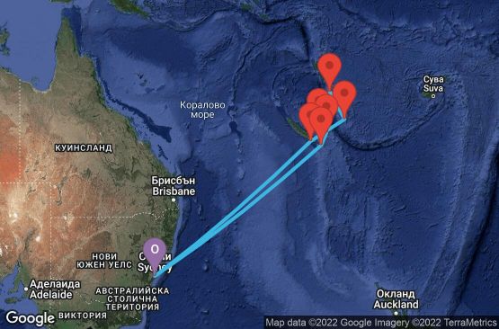 Маршрут на круиз 11 дни Австралия, Нова Каледония, Вануату - 11K132