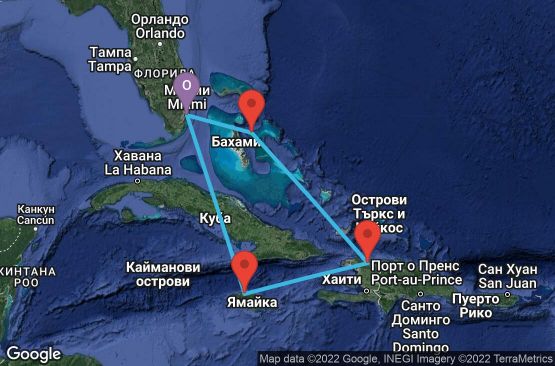 Маршрут на круиз 6 дни САЩ, Бахамските острови, Ямайка, Каймановите острови - 06W142