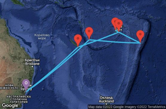 Маршрут на круиз 13 дни Австралия, Нова Каледония, Фиджи, Тонга, Вануату - 13K049