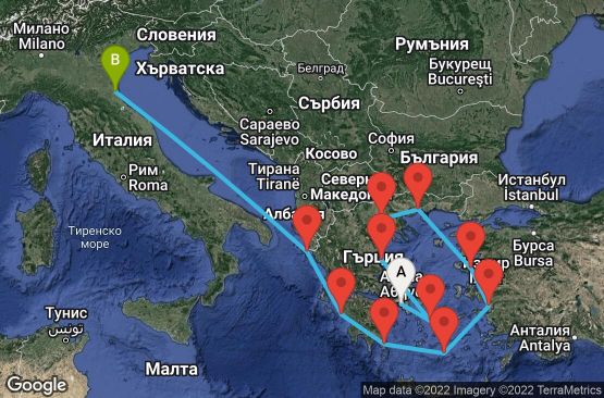 Маршрут на круиз 12 дни Гърция, Турция, Италия - 12M598