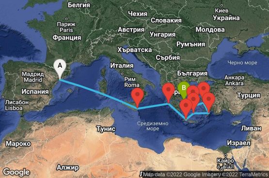 Маршрут на круиз 10 дни Испания, Италия, Гърция, Турция - 10M282