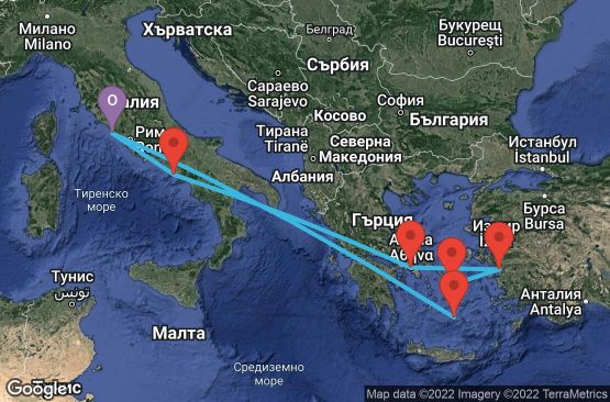 Маршрут на круиз 8 дни Италия, Гърция, Турция - 08M110