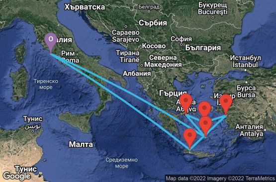 Маршрут на круиз 8 дни Италия, Гърция, Турция - 08M111