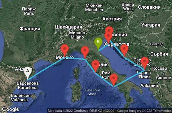Маршрут на круиз 10 дни Испания, Монако, Италия, Черна гора, Хърватска, Словения - 10M273